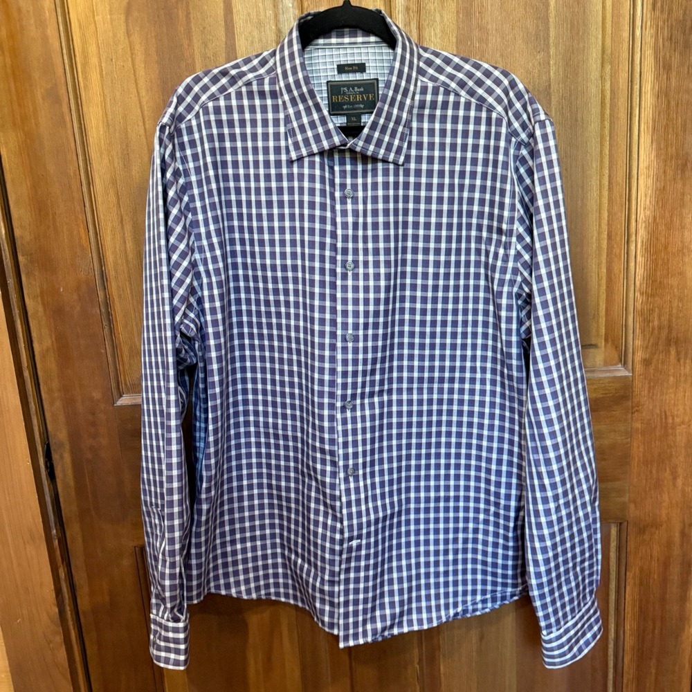 Jos A Bank Reserve Shirt Mens XL Purple Plaid Slim Fit Egyptian Cotton EUC